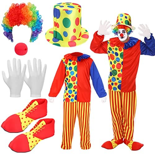 Funtery 7 Pcs Clown Costumes Set Includes Shoes, Nose, Hat, Wig, Gloves for Adults Halloween Clown Costumes(3XL)