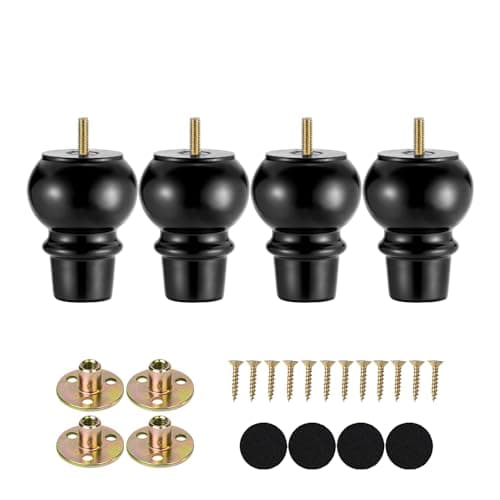 Maricome 4 Inch Wood Legs Set of 4 Pre-drilled M8 Bolt Black Replacement Furniture Leg Bun Feet for Dresser Cabinet Chair