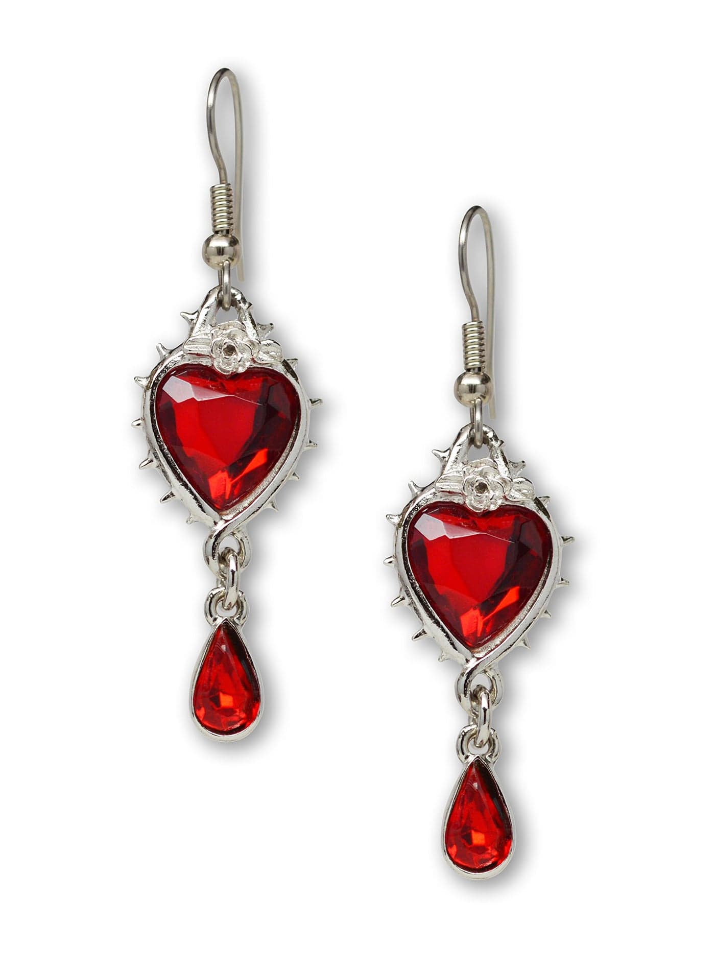 Valentines' Day Red Heart Romance Dangle Earrings Austrian Crystals Thorns and Roses Silver Finish