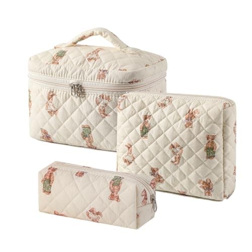 RSRSLEII 3 Pcs Quilted Cotton Makeup Pouch Coquette Floral Quilted Toiletry Makeup Bag for Women and Girls Aesthetic Travel Organized Cosmetic Bags03Bear Pattern