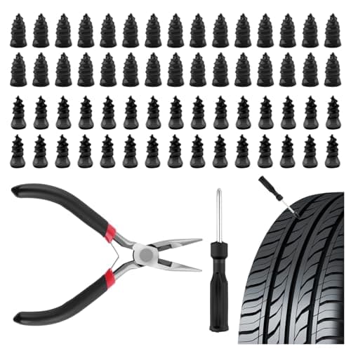 Figpade 60PCS Screw in Tire Plugs with Pliers ScrewdriversHeavy Duty Tire Repair Rubber Nail Kit for Emergency Puncture FixesUniversal Screw Tires Plug Kit Car Tools for Roadside Use