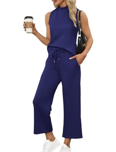 Sampeel Lounge Sets for Women 2 Piece 2024 Summer Casual Travel Ladies Loungewear Set Business Casual Outfits Work High Neck Tops Sweat Set Royal Blue XL