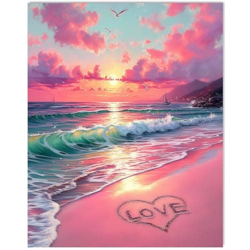 Gemozaic Beach Paint by Numbers Kit for Adults Valentine Adults Paint by Number Kits Sunset Landscape Numbers Painting with Love Heart Shape for Gift Home Wall Decor 16 x 20 in