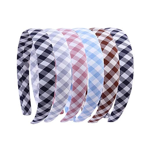 Suyegirl 6 Pcs 0.8 inch Plaid Headband For Women Printed Stripe Hair Bands for Girls Fabric Ribbon Hard Head Piece Satin Wrapped Hairband