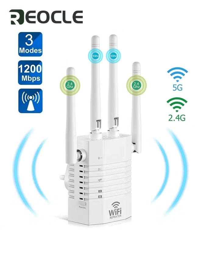 WiFi Repeater WiFi Booster WiFi Extender Booster 1200Mbps Dual Band 2.4GHz & 5GHz WiFi Booster Range Extender with Ethernet Port Support Repeater /AP / Router Mode