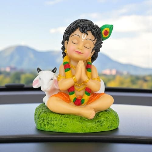 RIANZ® Bal Roop Lord Krishna Idol with Cow | Laddu Gopal Murti for Car Dashboard, Home Temple, Office Desk Decor | Resin Krishna Statue Showpiece - 8cm Height (White)