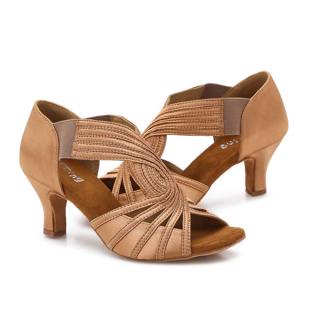 Ballroom Dance Shoes Women Latin Salsa Practice Dancer Shoes 25 Heels YT0285 Tan