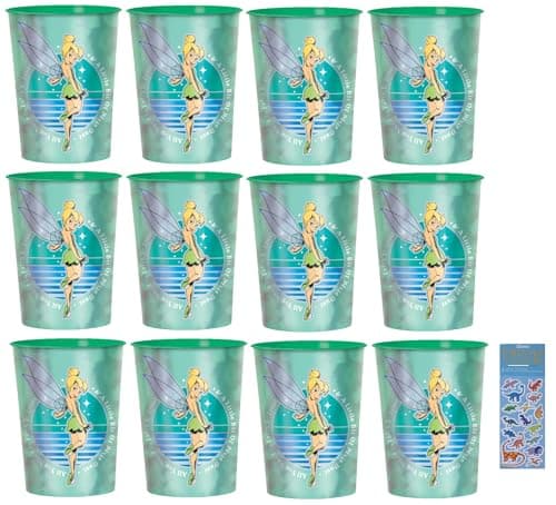 Tinkerbell Birthday Party Supplies Bundle includes 12 Plastic Reusable Cups 16oz and 1 Dinosaur Sticker Sheet