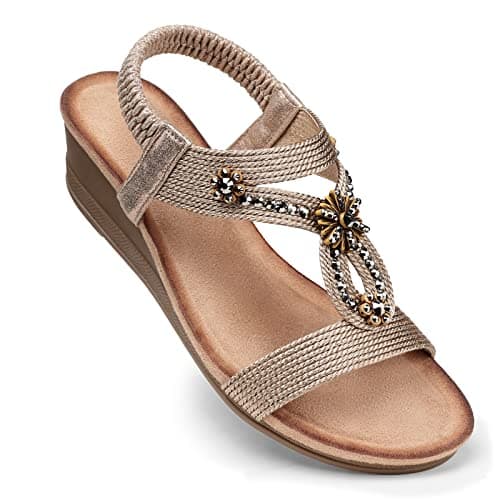 SHIBEVER Womens Platform Sandals Low Heel Dressy Sandals Elastic Ankle Strap Dress Beach Fashion Sandals Summer Comfortable Shoes Champagne Size 7