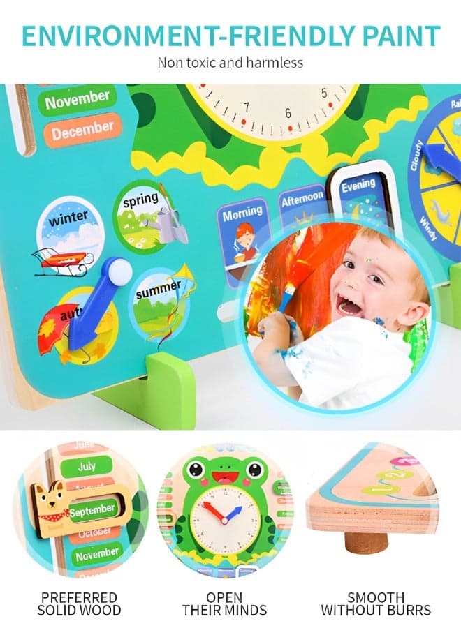 Montessori Wooden Toys Kids Learning Clock, Multifunctional Wooden Frog Teaching Clock Calendar, Weather, Season, Time, Week Telling-Preschool Educational and Fun