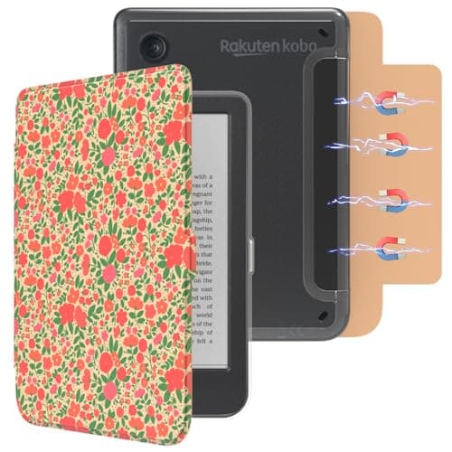 E NET-CASE Detachable Magnetic Case for 6" Kobo Clara Colour (2024) /Clara BW (2024) /2E (2022) eReader, Ultra Clear Back Scratch-Proof Light丨Easy to Detach & Attach丨Auto Sleep/Wake (Orange Flower)