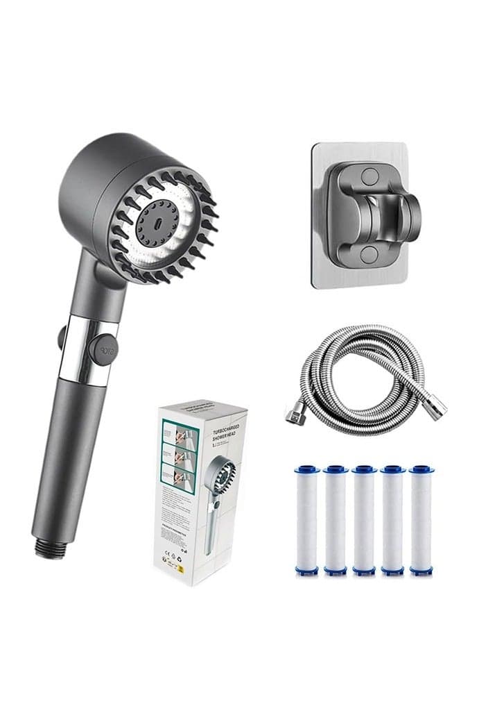 3-level adjustable shower head with filter, wall-mounted, spray-painted surface, rain setting, hand-held combination of high-pressure rain showerhead and handheld sprayer, includes 59-inch hose, 3 settings for leak-proof showerhead with bracket/hose, height/angle adjustable, comes with 5 filters!