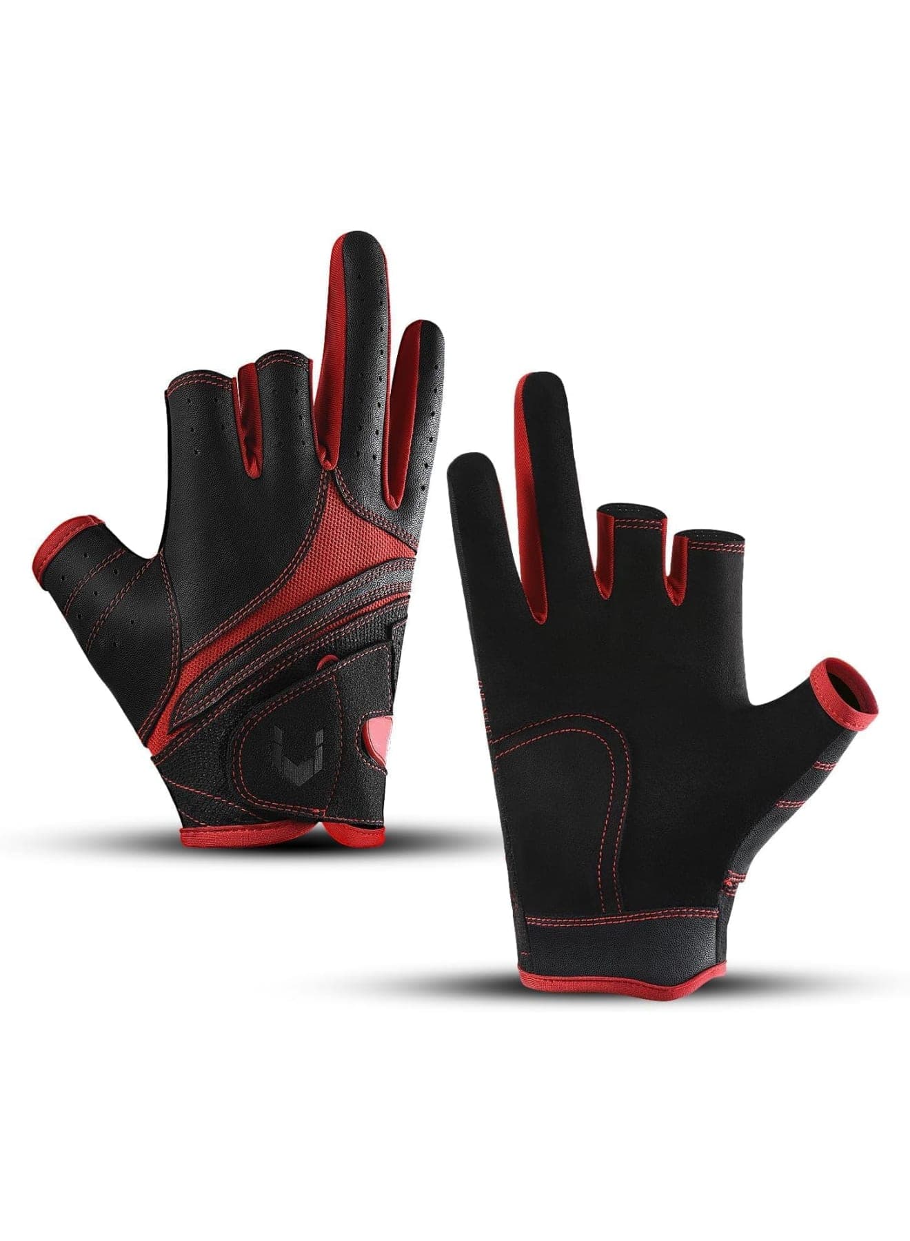 Fishing Gloves, Anti-Slip Suede Fabric Kayak Gloves for Men and Women, Outdoor Sports Glove for Kayak, Boating, Angling, Paddle, UV Protection, 3-Cut Finger Design (Black and Red)