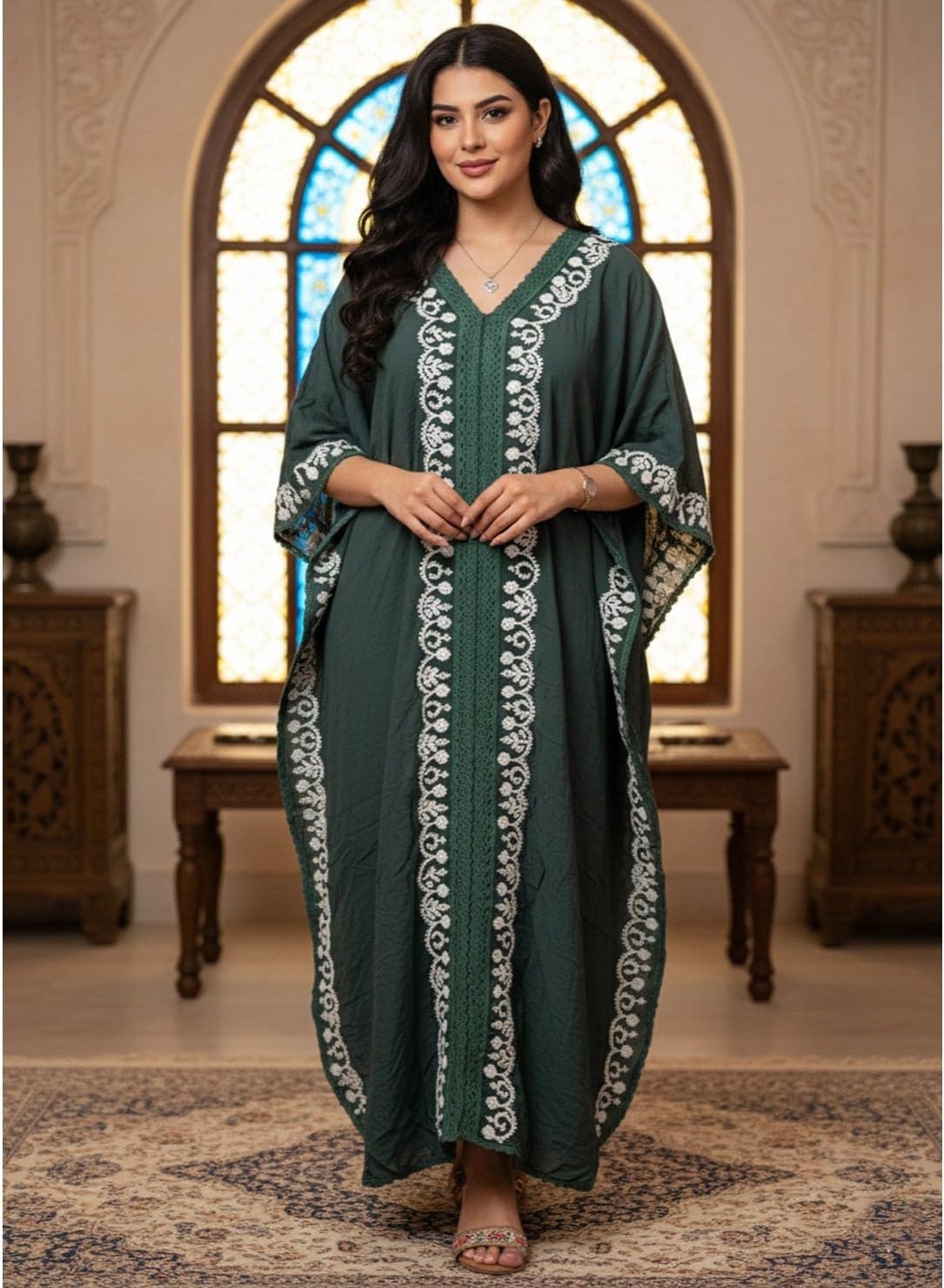 Embroidered Chikankari Cotton Kaftan-AL2556