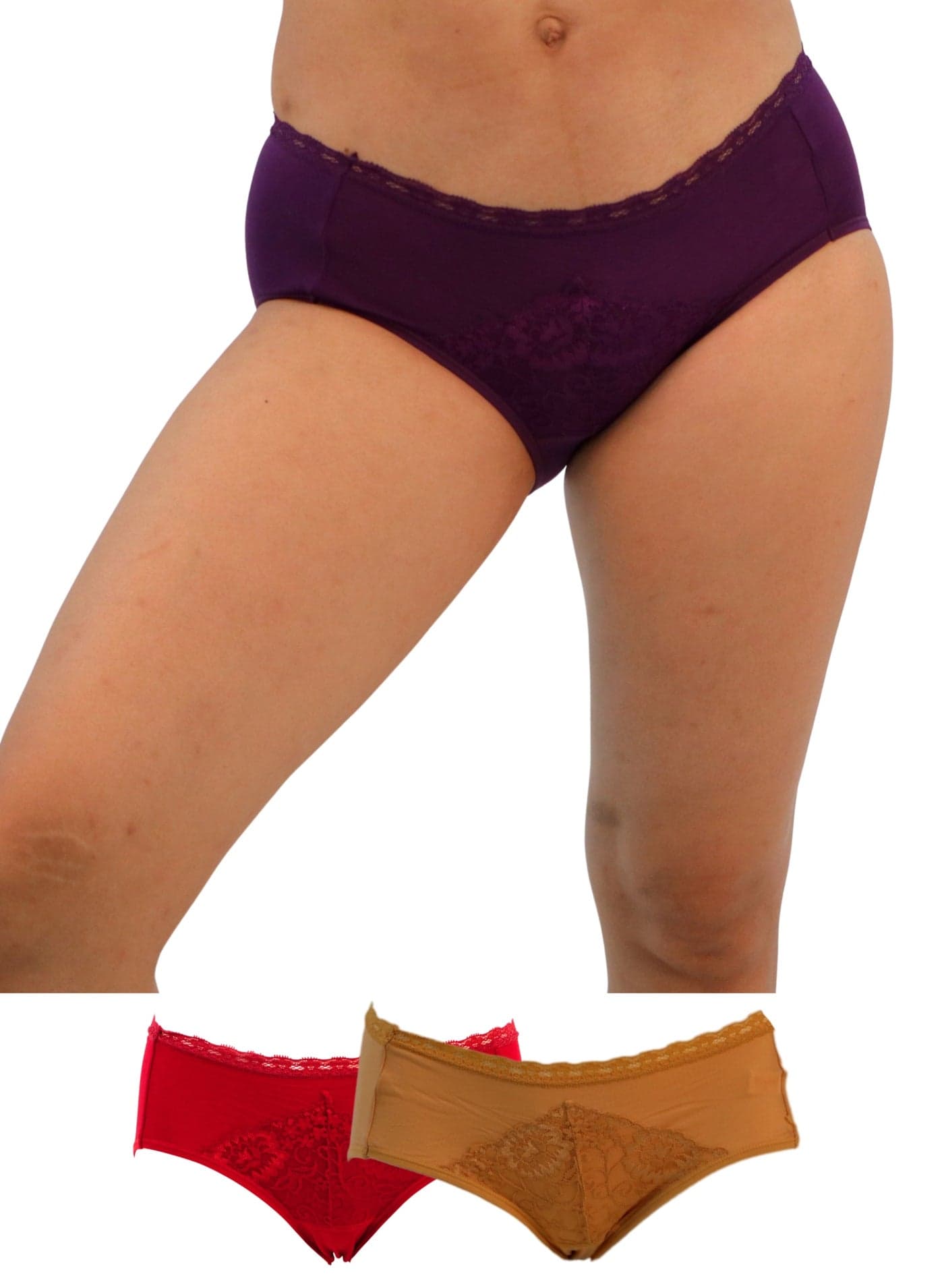 108266 Women's Lace Waist Design Mid Rise 3-Pack Panties, Multicolor, XL