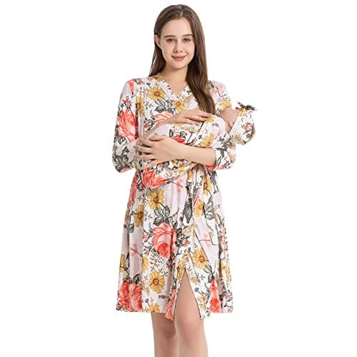 Galabloomer Maternity Robe and Baby Receiving Blanket, Matching Mommy Labor Delivery Robe and Swaddle Set Garden Flower