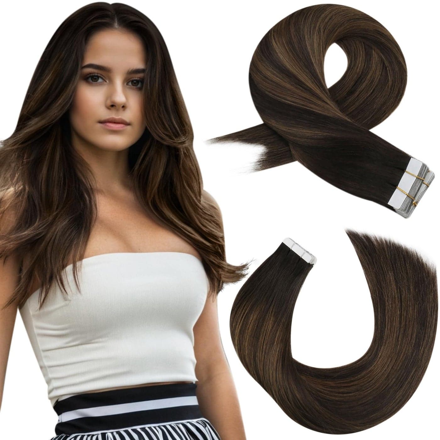 Moresoo Human Hair Tape in Extensions Brown Tape in Ombre Hair Extensions Balayage Darkest Brown Mix with Medium Brown Glue in Real Hair Seamless Hair Extensions Human Hair 18 Inch 262 20pcs 50g
