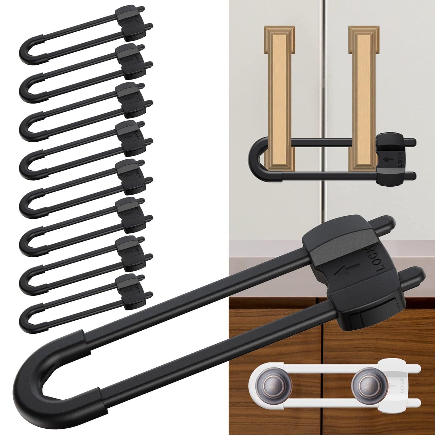 LRANFOW 4 Buttons Child Safety Cabinet Locks for Cabinet Pulls Cabinet Handles Knob Kitchen Locks Child Safety U-Shaped Baby Proofing 10 Pack Black