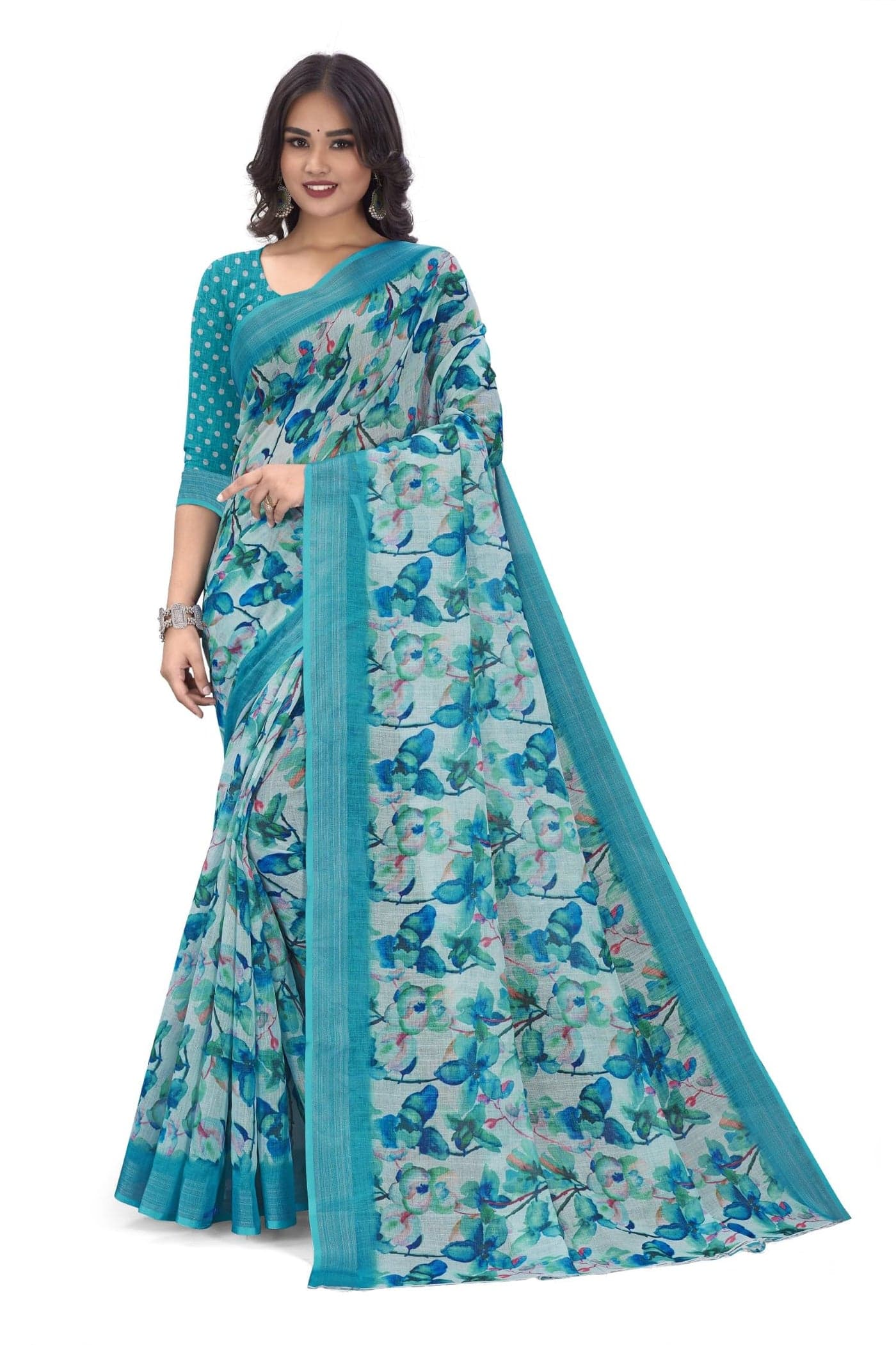 C J Enterprise Women’s Pure Soft Cotton Saree Linen For Kalamkari Silk Sarees Latest Party Design Wear Wedding Sadi With Blouse Piece Sari South Mulmul ikkat Mul Print 2025 New (Lilen Sea Sky Blue)