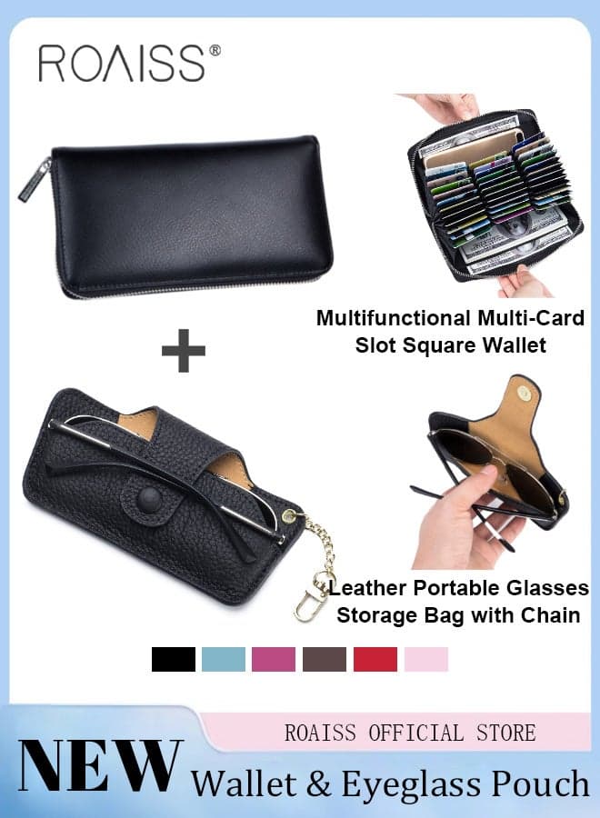 Unisex Wallet and Cable Organizer Set Genuine Leather Accordion Wallet with Multiple Card Slots and Passport Holder and Leather Sunglasses Case with Hanging Chain for Sunglasses Storage