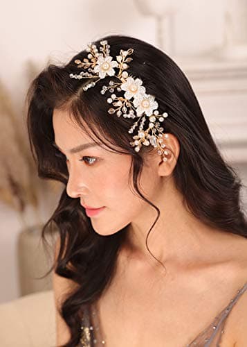 Kercisbeauty Gold Hair Comb with Pearl and Crystal Wedding Bridal Headpiece for Her Branch Hair Piece Garden Wedding White Flower Headpiece for Women