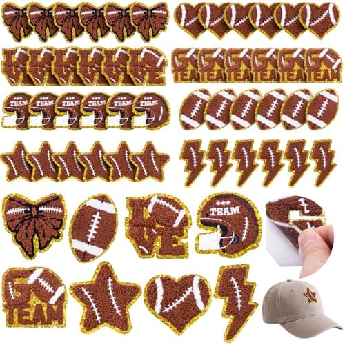 48 Pcs Football Patches Chenille Self Adhesive Embroidered Game Day Bowl Patches Sports Stickers Football Helmet Bowknot Star Love Team Stick on Patch for Backpacks Hats Jackets