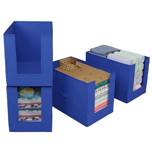 Kuber Industries Shirt Organizer for Wardrobe|Foldable Non Woven Shirt Stacker|Designer Cupboard Organizer for Clothes |Clothes Storage box|Pack of 4 (Blue)