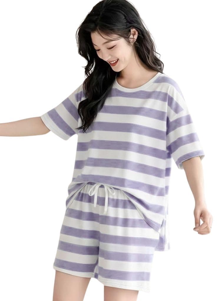 SMOWKLY Women Korean Shorts Pajama Set Cotton Blend Nightwear Set Top & Shorts Sleepwear Lounge Wear Soft Comfortable Night Suit Ladies Summer Night Dress Co-Ord Home Wear Set(1504_PRL_XS) Purple