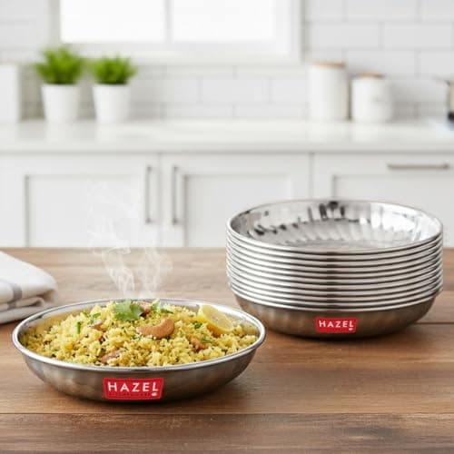 HAZEL Stainless Steel Breakfast Plate Set of 12 | 11.4 cm Small Snacks Serving Plates | Multipurpose Steel Thali for Kitchen & Daily Use