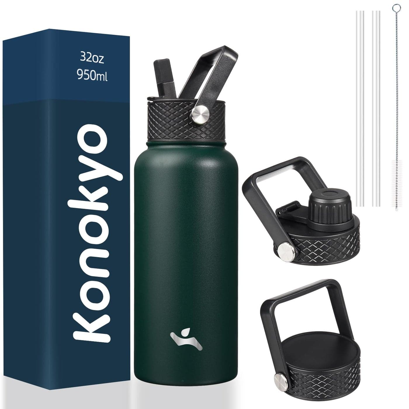 Konokyo 32 oz Insulated Water Bottle Stainless Steel Sport Bottles with 3 LidsArmy Green