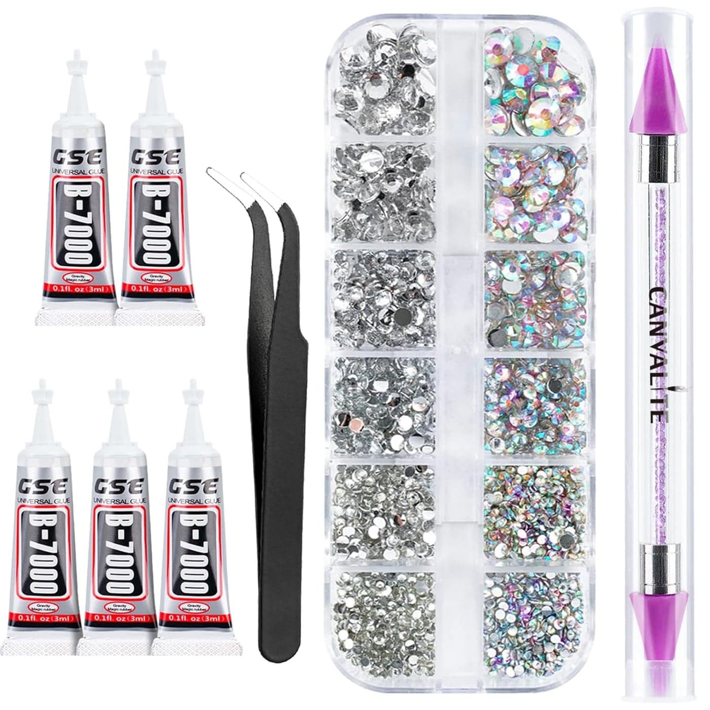 Canvalite 2784PCS Rhinestones Crystal AB Rhinestones for Nail with 5Pcs 3ml B7000 Jewelry Glue and Pick Up Tweezers and Nail Rhinestone Picker, Nail Art Tools,Stocking Stuffers Gifts for Women
