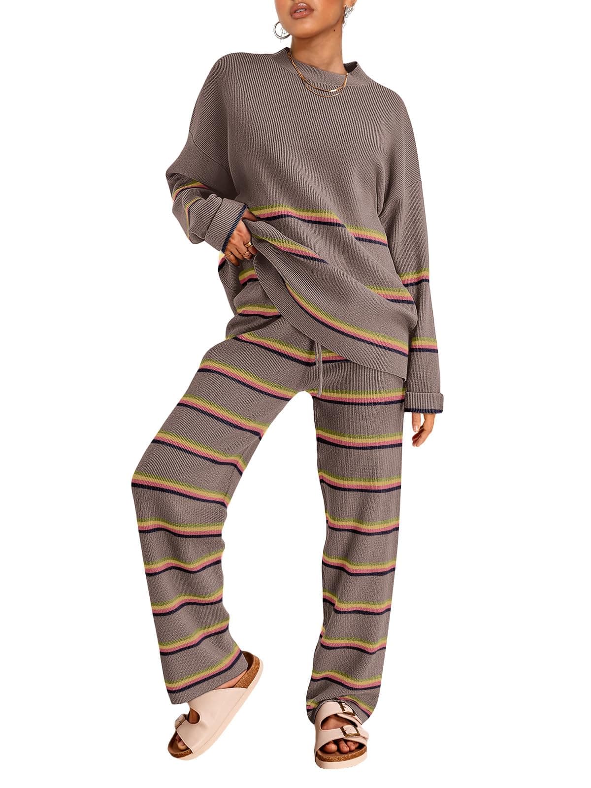 LILLUSORY 2 Piece Sets for Women 2025 Fall Outfits Two Piece Lounge Sets Sweatsuits Striped Knit Sweater Clothes Fashion StripedNutmeg S