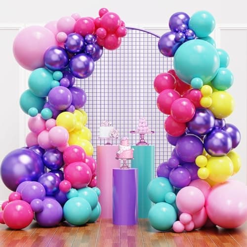 YMSZ Pink Blue Purple Balloons Arch Kit 136pcs Hot Pink Metallic Purple Teal Yellow Balloons with Different Size for Kids Magic Theme Birthday Decoration Baby Shower Party Supplies