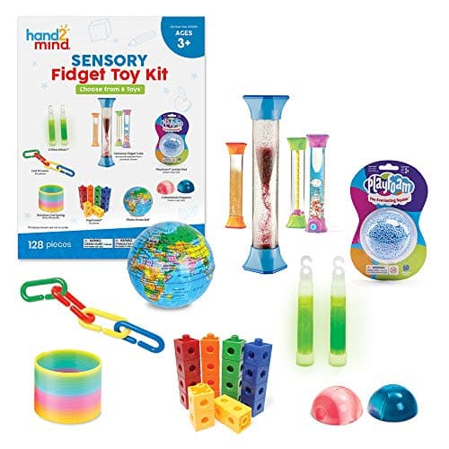 hand2mind Sensory Fidget Toy Kit Play Therapy Toys Fidget Tube Mini Glow Sticks Play Foam Stress Ball Anxiety Sensory Items Occupational Therapy Toys Calm Down Corner Supplies 128 Pieces