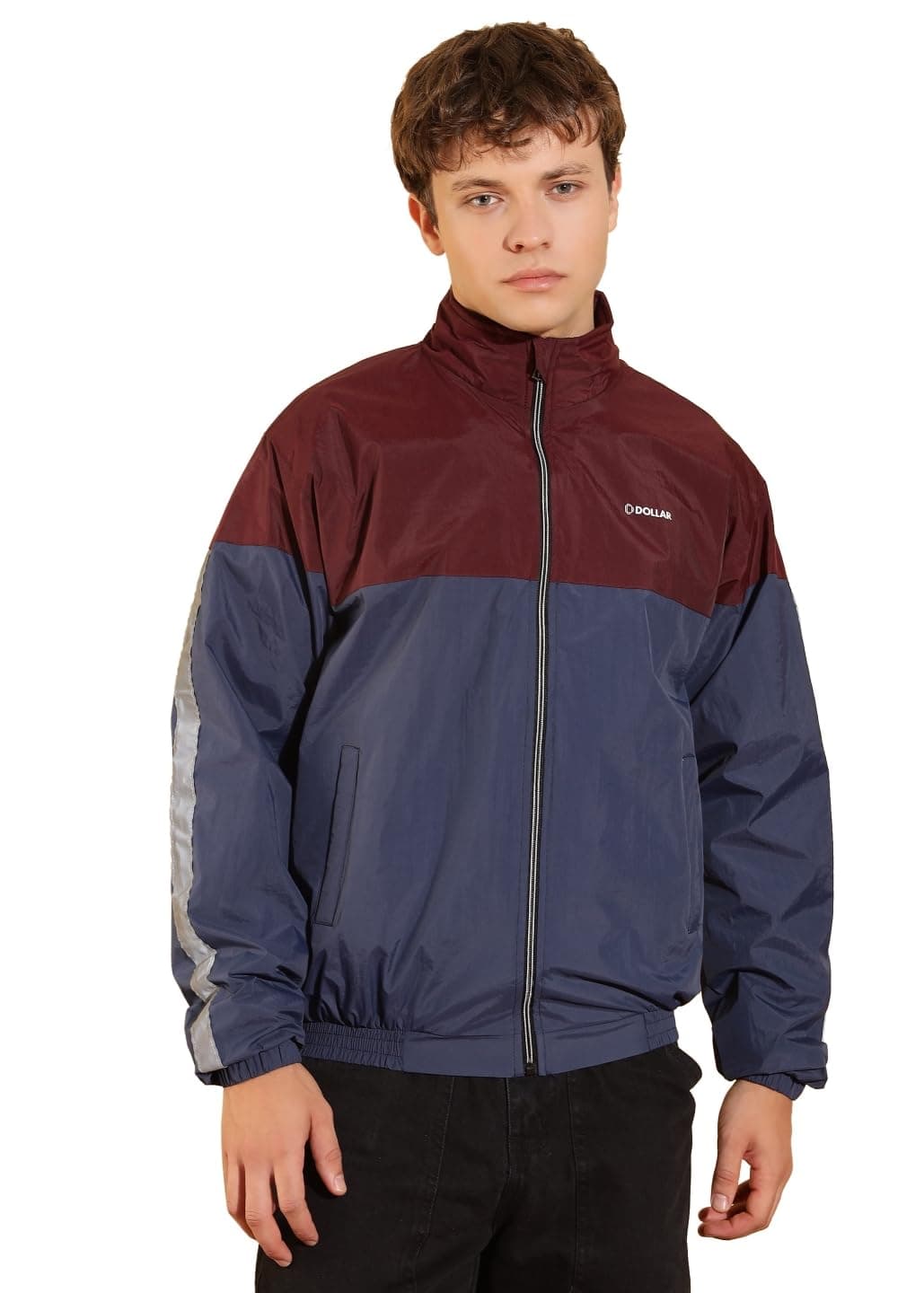 Dollar Men's Polyester Colourblock Windcheater Jacket With Side Pockets, Wine-Blue - X-Large