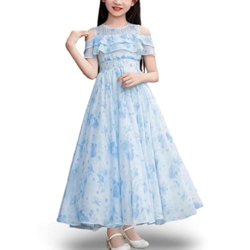 Niren Enterprise Girls Casual Blue Floral Round Neck Cap Sleeves Fit and Flare Straight Full Length Gown Dress