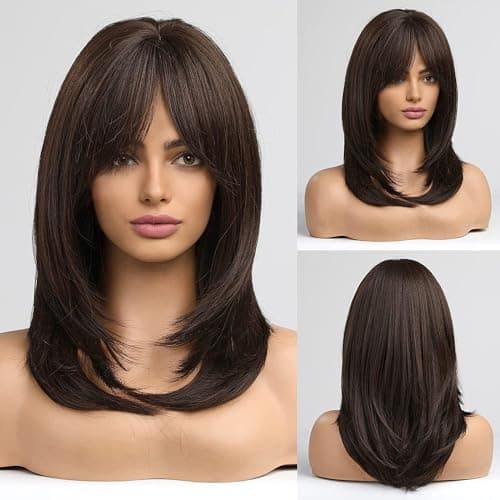 MISS LIRENN® Women’s Shoulder Length Hair Wigs With Bangs, 16 Inches Long Wigs for Women, Natural Looking Synthetic Wigs, Brown + 02 Wig Cap Free (Dark Brown)