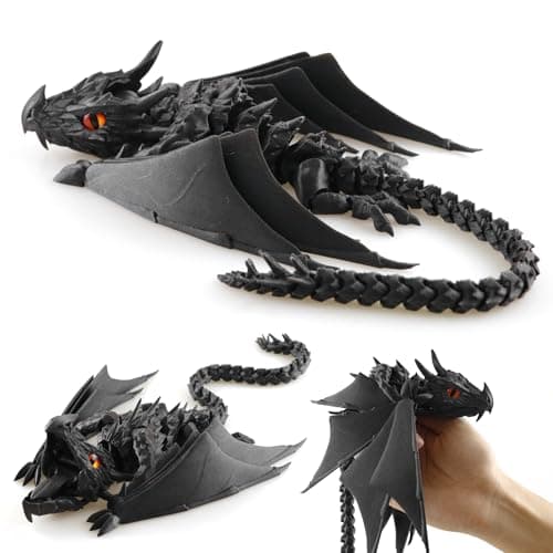 LehuoMaker 3D Printed Dragon with Wings Fidget Dragon Toys 3D Printed Animals Flexible Articulated Winged Crystal Dragon ModelHome Office Decor Desktop PetSilk Black