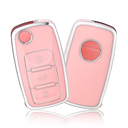 OFFCURVE for Volkswagen Key Fob Cover Soft TPU Full Protector Key Fob Case for VW Jetta Golf Polo Passat MK8 Tiguan Beetle Car Remote Smart Key Holder Accessories Pink
