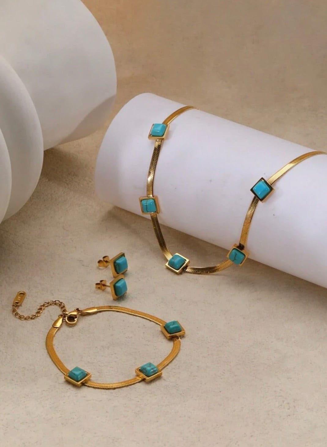Luxury Stainless Steel Necklace u0026 Bracelet u0026 Earrings Jewelry Set For Women Inlaid With Natural Turquoise Stone