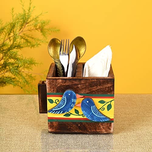 AAKRITI ART CREATIONS Love Birds Cutlery Holder Small | Hand-painted Wooden Stand For Dining Table | Kitchen Knife Holder | Wooden Cutlery Holder, Multicolor Matte Finish