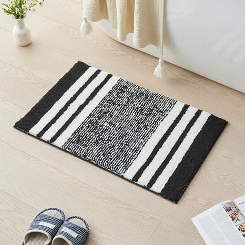 CozeCube Bath mats for Bathroom Non Slip Fluffy Absorbent Microfiber Bath mat Washable Aesthetic Bathroom Rugs Small Jet Black Striped Bath mat Jet Black 24 x 16