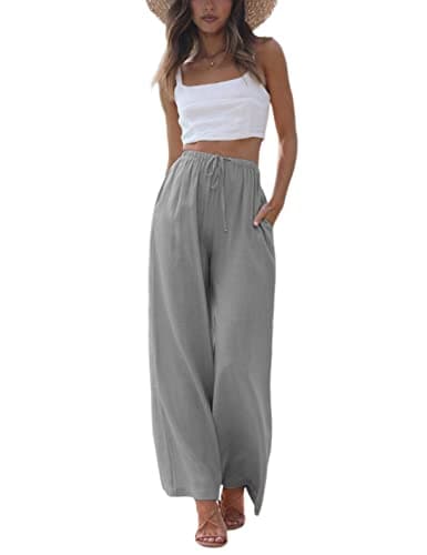 Faleave Women's Cotton Linen Summer Palazzo Pants Flowy Wide Leg Beach Trousers with Pockets(Grey-M)