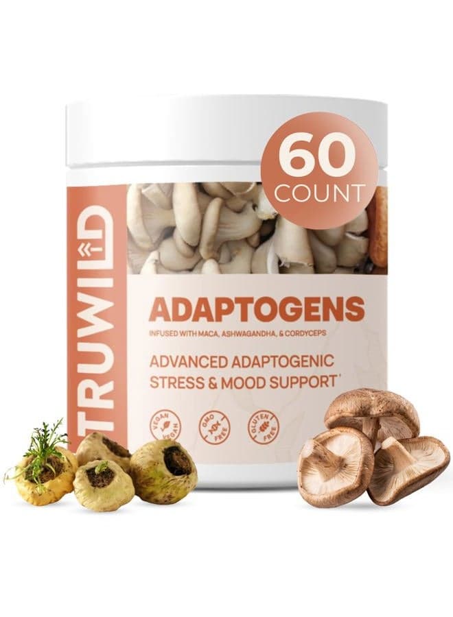 ADAPTOGENS Adrenal Support Stress Relief Blend with Natural Mood Boost - Ashwagandha, Maca, Siberian Ginseng, Cordyceps Mushroom, Holy Basil, Astragalus, Gotu Kola - 60 Capsules