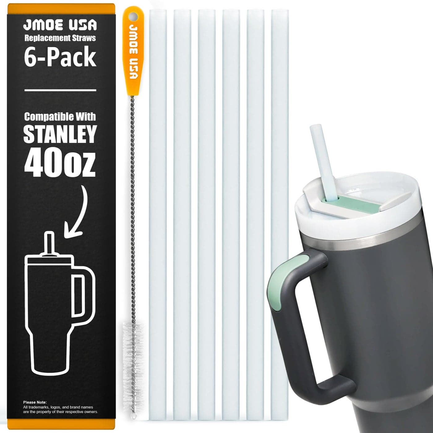 Jmoe USA 12 Replacement Straws for Stanley 40oz 30oz Tumblers Fits Reduce 50 oz 40 oz Cold1 Tumblers 6Pack of Reusable Plastic Straws With Cleaning Brush Food Grade BPA Free White