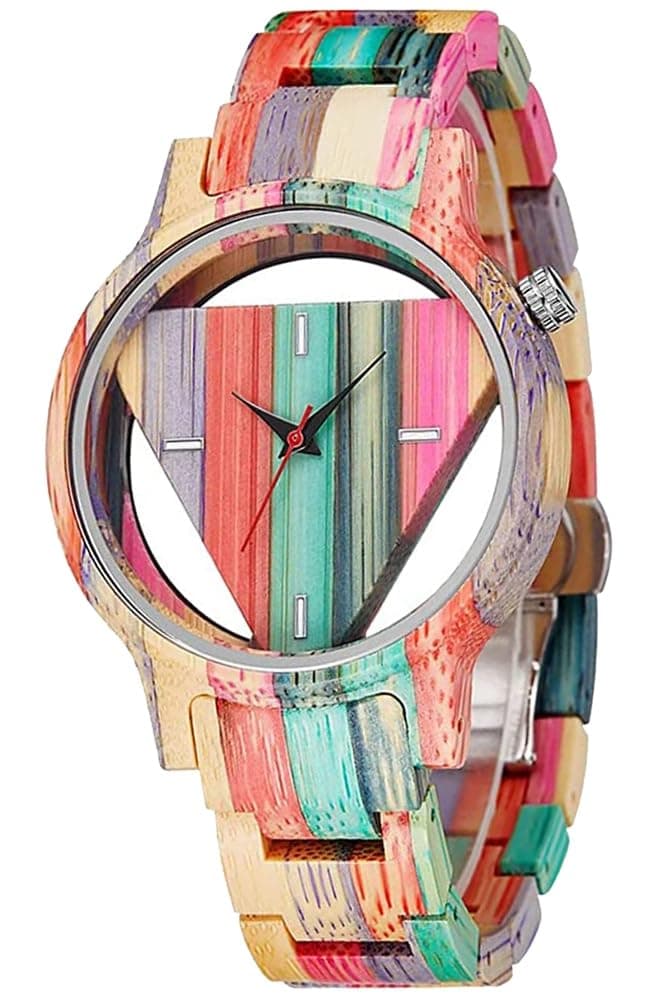 Natural Colorful Bamboo Watch Men's Women's UniqueTriangular Wooden Watches Men's Creative Hollow dial Bamboo Watch