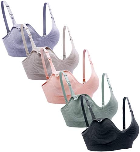 Suekaphin Nursing Bra 5pack Wireless Deep V Neck Maternity Nursing Bra Bralette Sleeping Breastfeeding with Extenders,XXLarge,SORT Rib Surface-A
