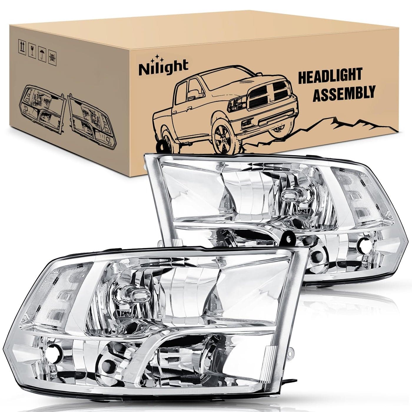 Nilight Headlight Assembly 2009 2010 2011 2012 2013 2014 2015 2016 2017 2018 Ram 1500 2500 3500 Pickup Quad Headlamp Assembly Replacement Chrome Housing Clear Corner Clear LensOnly for Quad Models