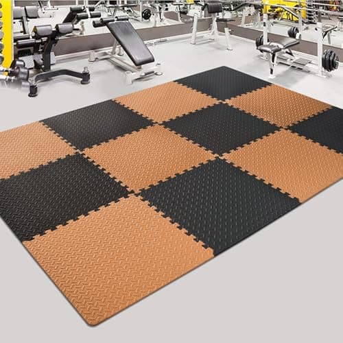 SIGNATRON Exercise Mat Puzzle Gym Mat Interlocking Foam Mats EVA Foam Floor Tiles with Protective Flooring for Gym Equipment Workouts, 12mm Thick (Brown - Black 12mm, 8 Tiles - 32 Square Feet)