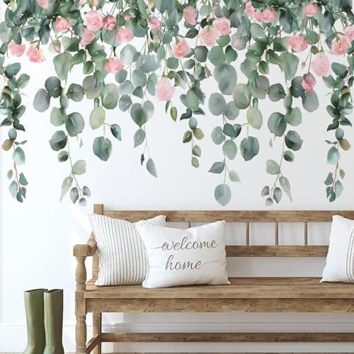 Buiory Removable Hanging Vine Floral Wall Stickers DIY Pink Flower Leaf Wall Decals Peel and Stick Green Plants Wall Murals for Baby Girls Nursery Bedroom Living Room Sofa TV Background
